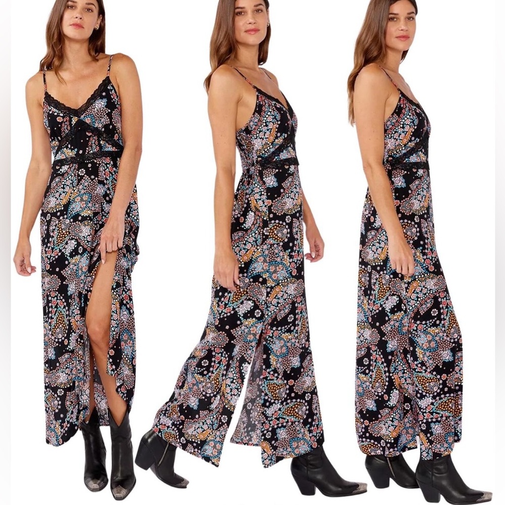 Lovestitch Fabulous Boho Floral Spaghetti Strap Lace Trim Slip Maxi Dress